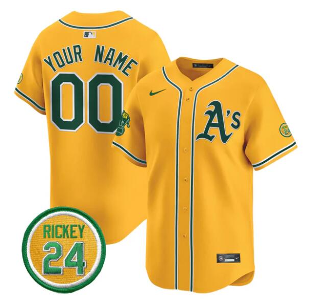 Men's Oakland Athletics Active Player Custom Gold Rickey Henderson Patch Vapor Premier Limited Stitched Baseball Jersey Men's Oakland Athletics Active Player Custom Gold Rickey Henderson Patch Vapor Premier Limited Stitched Baseball Jersey